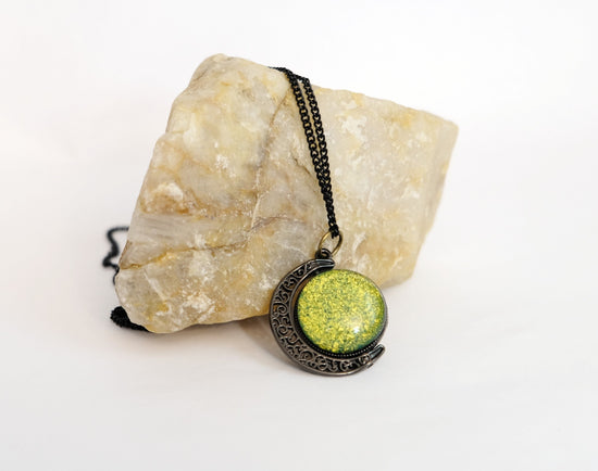 Double Sided Crescent Moon Celestial Pendant Necklace Purple and Green Dichroic Fused Glass Spinner on 20 inch chain seeds glassworks seedsglassworks