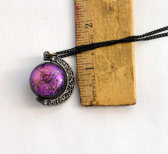 Double Sided Crescent Moon Celestial Pendant Necklace Purple and Green Dichroic Fused Glass Spinner on 20 inch chain seeds glassworks seedsglassworks