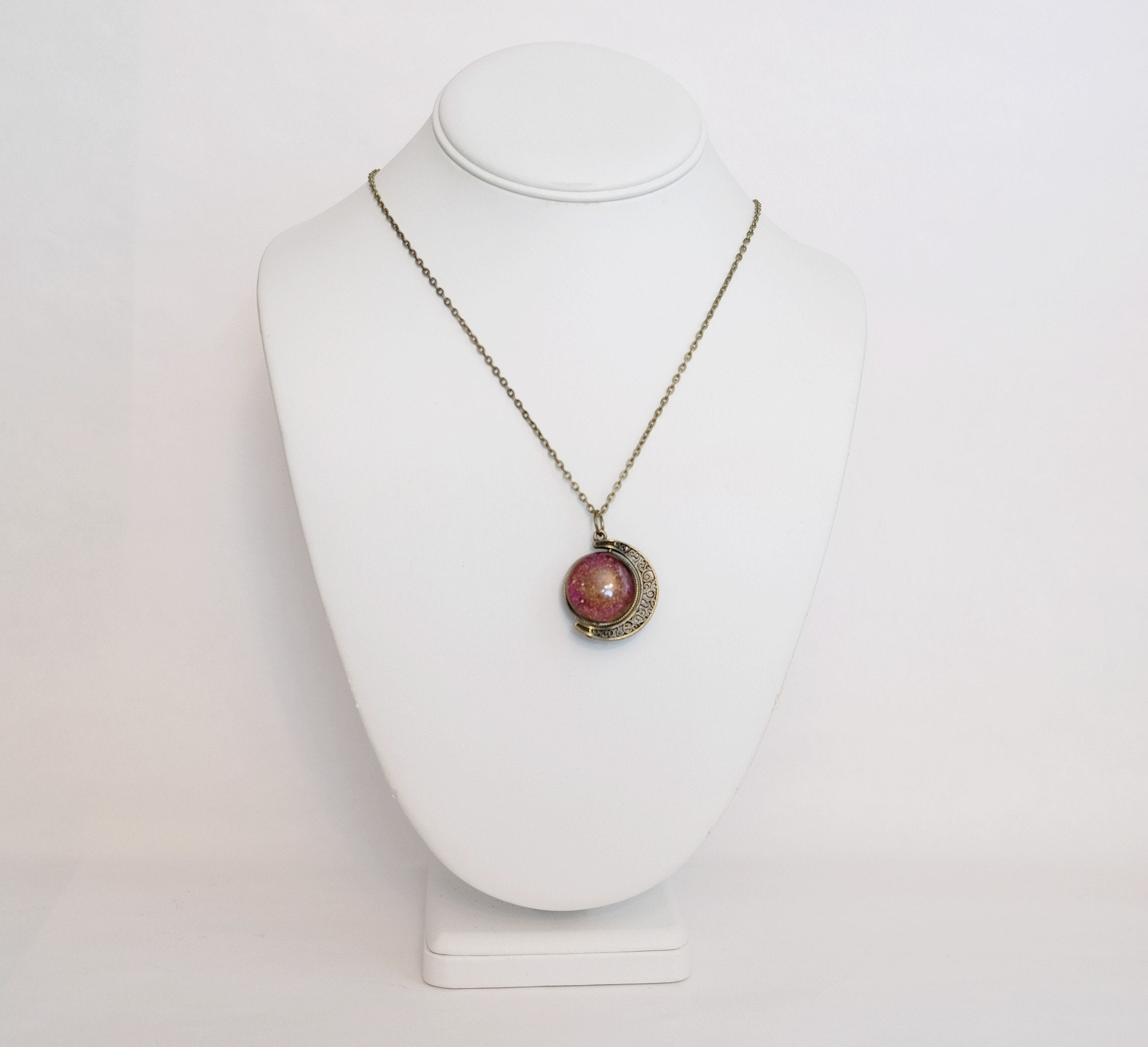 Double Sided Crescent Moon Celestial Pendant Necklace Blue and Orange Dichroic Fused Glass Spinner on 20 inch chain