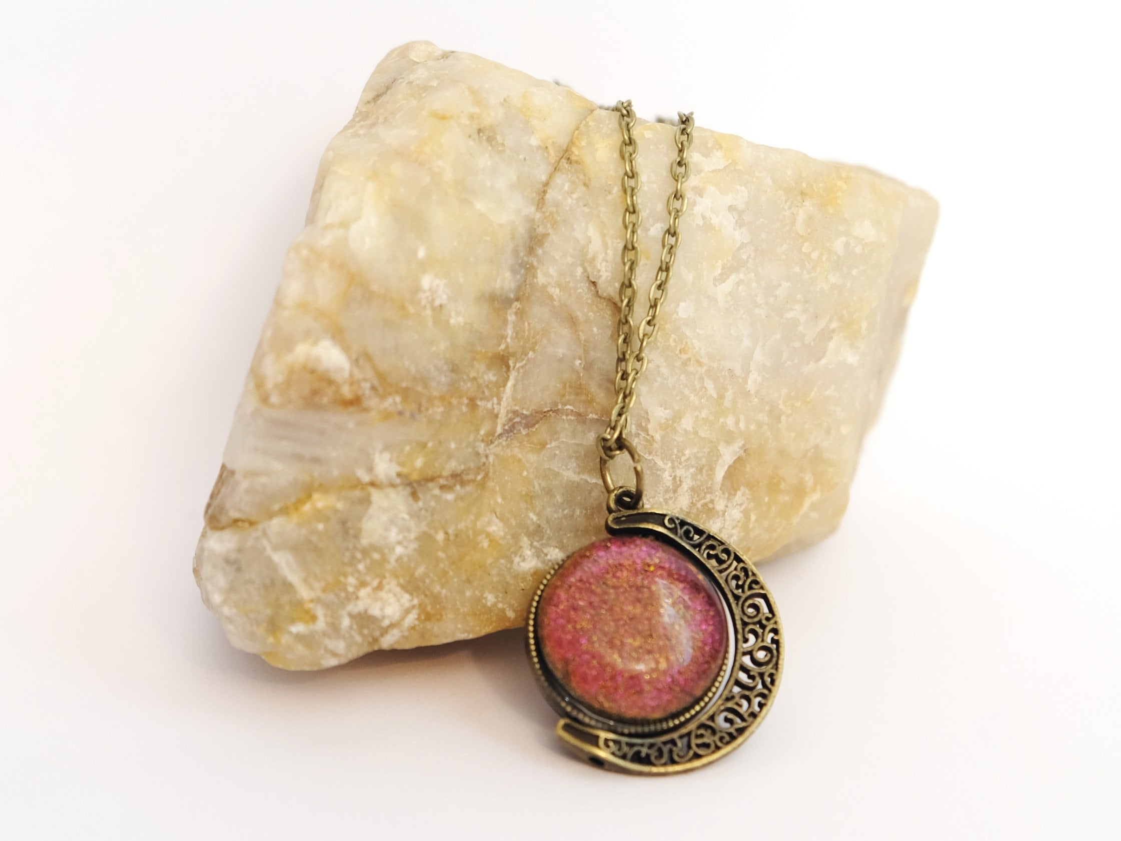 Double Sided Crescent Moon Celestial Pendant Necklace Blue and Orange Dichroic Fused Glass Spinner on 20 inch chain