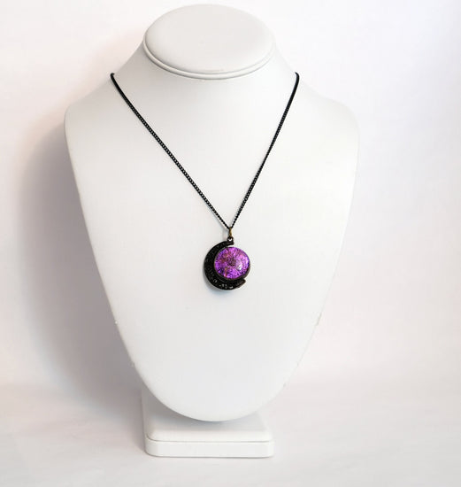Double Sided Crescent Moon Celestial Pendant Necklace Purple and Green Dichroic Fused Glass Spinner on 20 inch chain seeds glassworks seedsglassworks