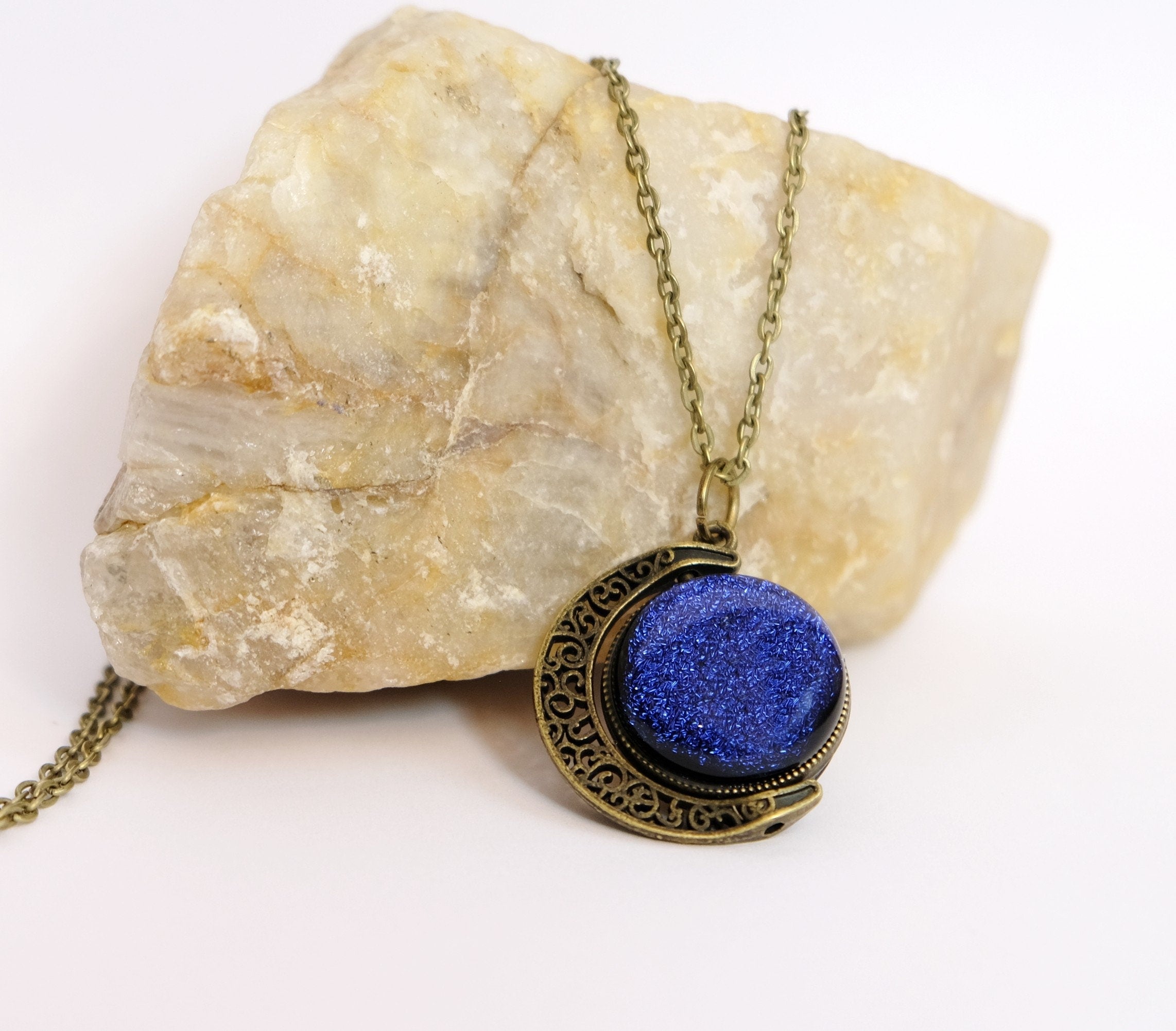 Double Sided Crescent Moon Celestial Pendant Necklace Blue and Orange Dichroic Fused Glass Spinner on 20 inch chain