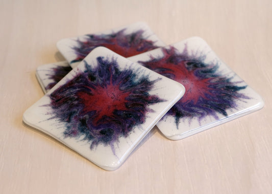 Elegant Swirled Glass Drink Coasters - Red/Purple/White Paint Pour Design - Set of 4 - Handcrafted Home Décor - Stylish Housewarming Present