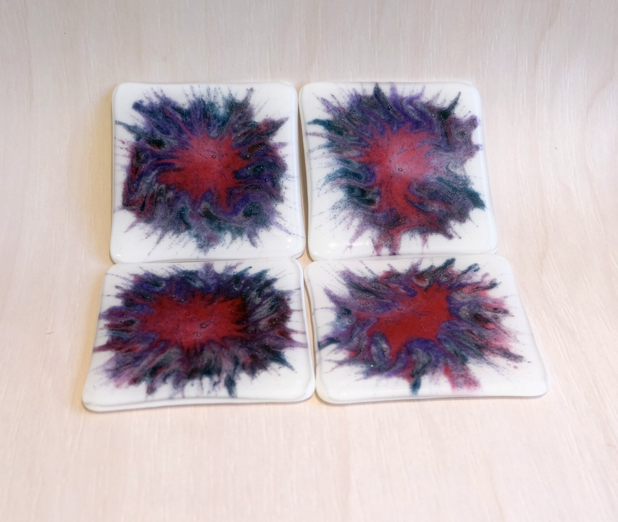 Elegant Swirled Glass Drink Coasters - Red/Purple/White Paint Pour Design - Set of 4 - Handcrafted Home Décor - Stylish Housewarming Present