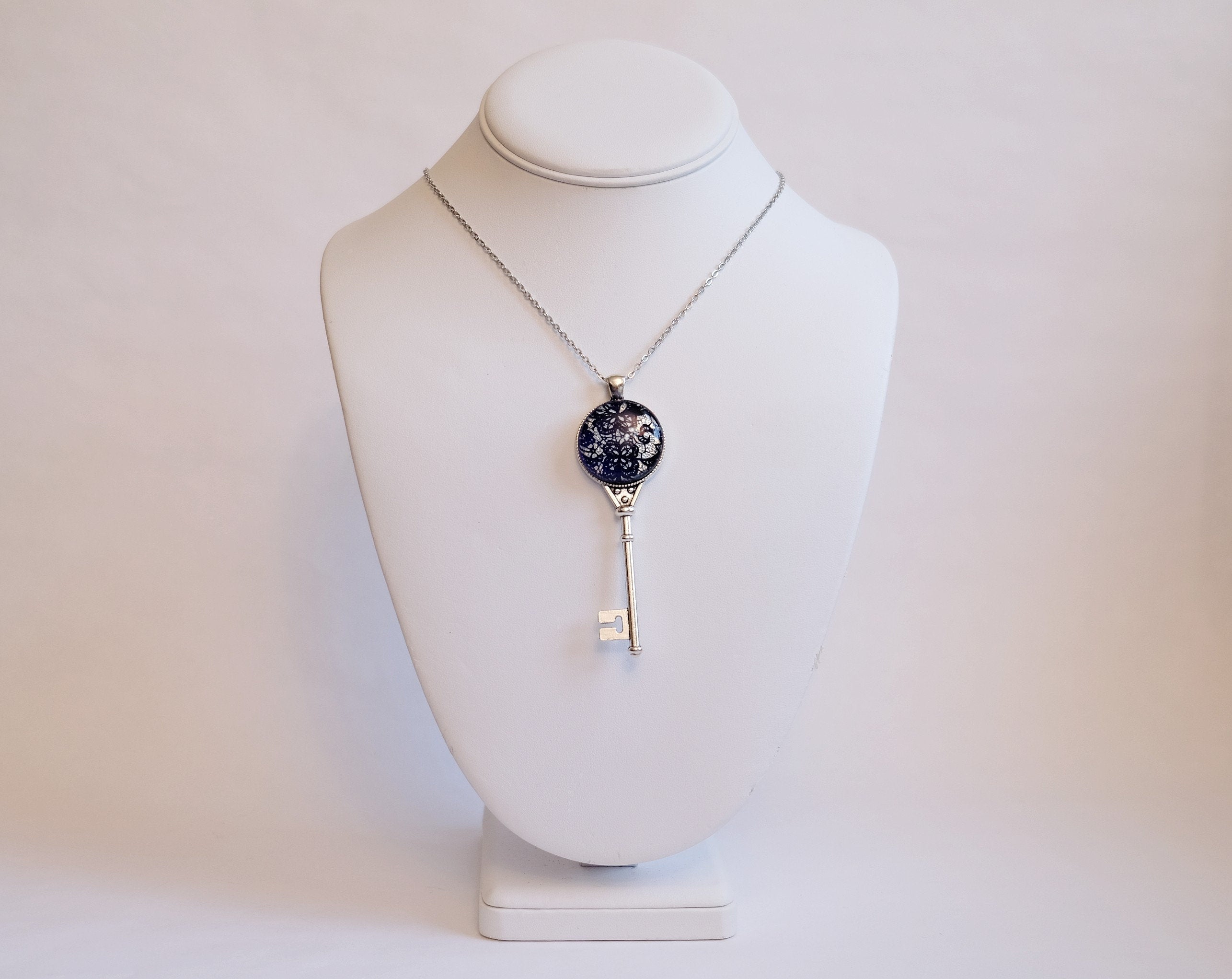 Silver tone Skeleton Key pendant necklace with Fused Glass blue and silver dichroic Lace cabochon on 24 inch steel chain jewelry