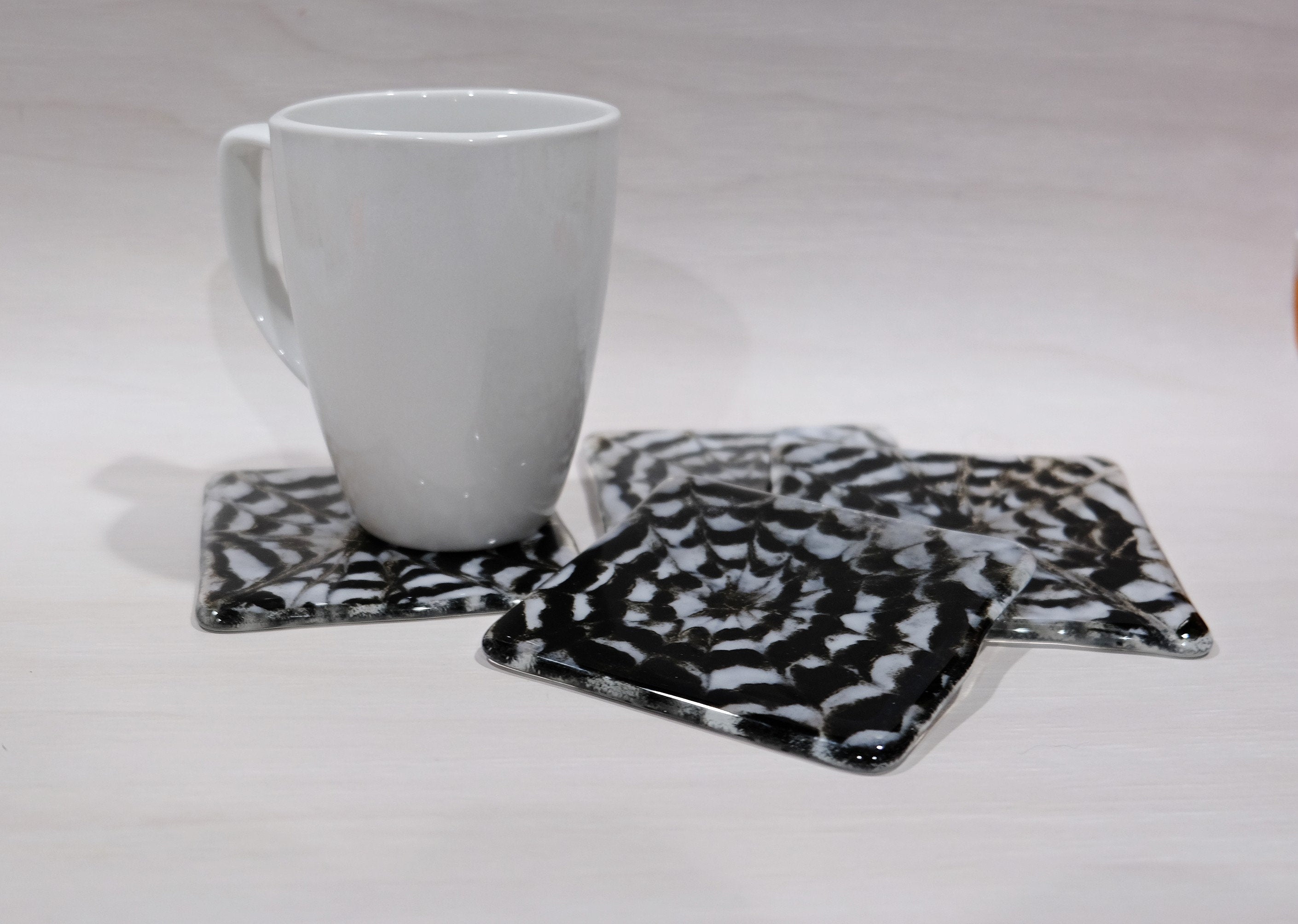 black and White Tie Dye look fused glass drink coaster, set of 4