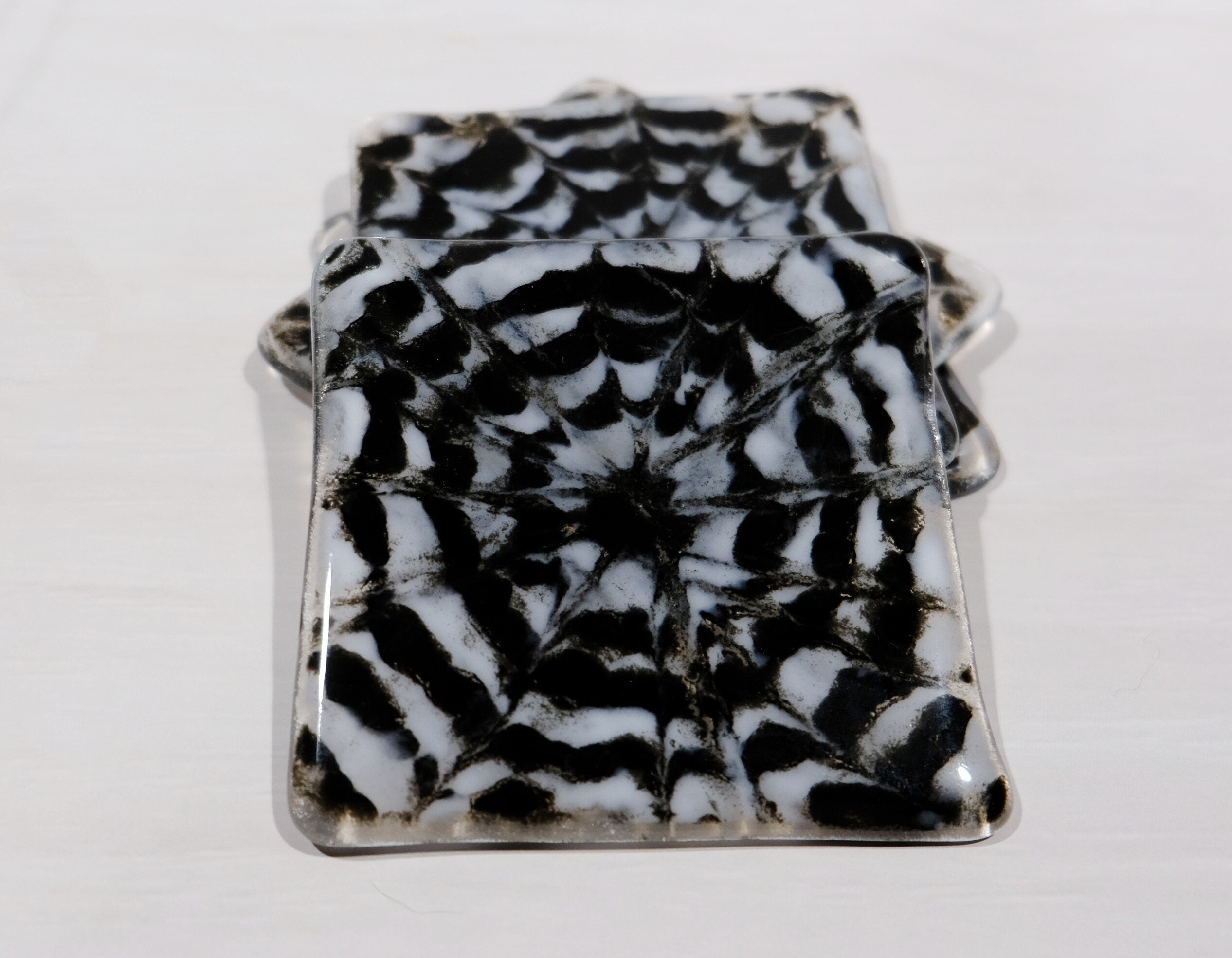 black and White Tie Dye look fused glass drink coasters, set of 4