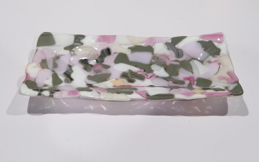 Gray and Pink Fused Glass Serving Platter dish plate, patchwork pattern, 10 X 5 inches. Housewarming gift, home décor