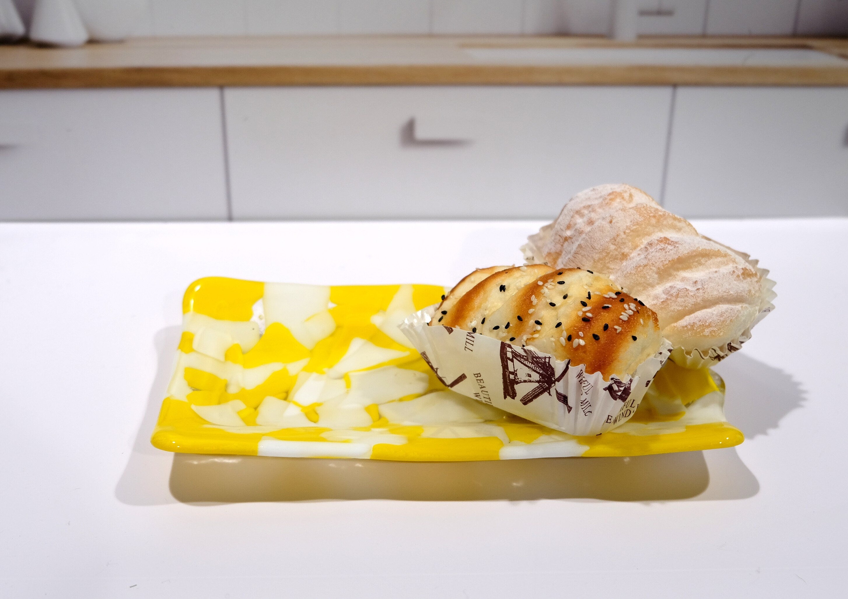 Yellow and White Fused Glass serving Platter dish plate, patchwork pattern, 8 X 5 inches, housewarming gift entertaining seeds glassworks seedsglassworks