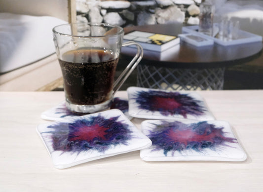 Elegant Swirled Glass Drink Coasters - Red/Purple/White Paint Pour Design - Set of 4 - Handcrafted Home Décor - Stylish Housewarming Present