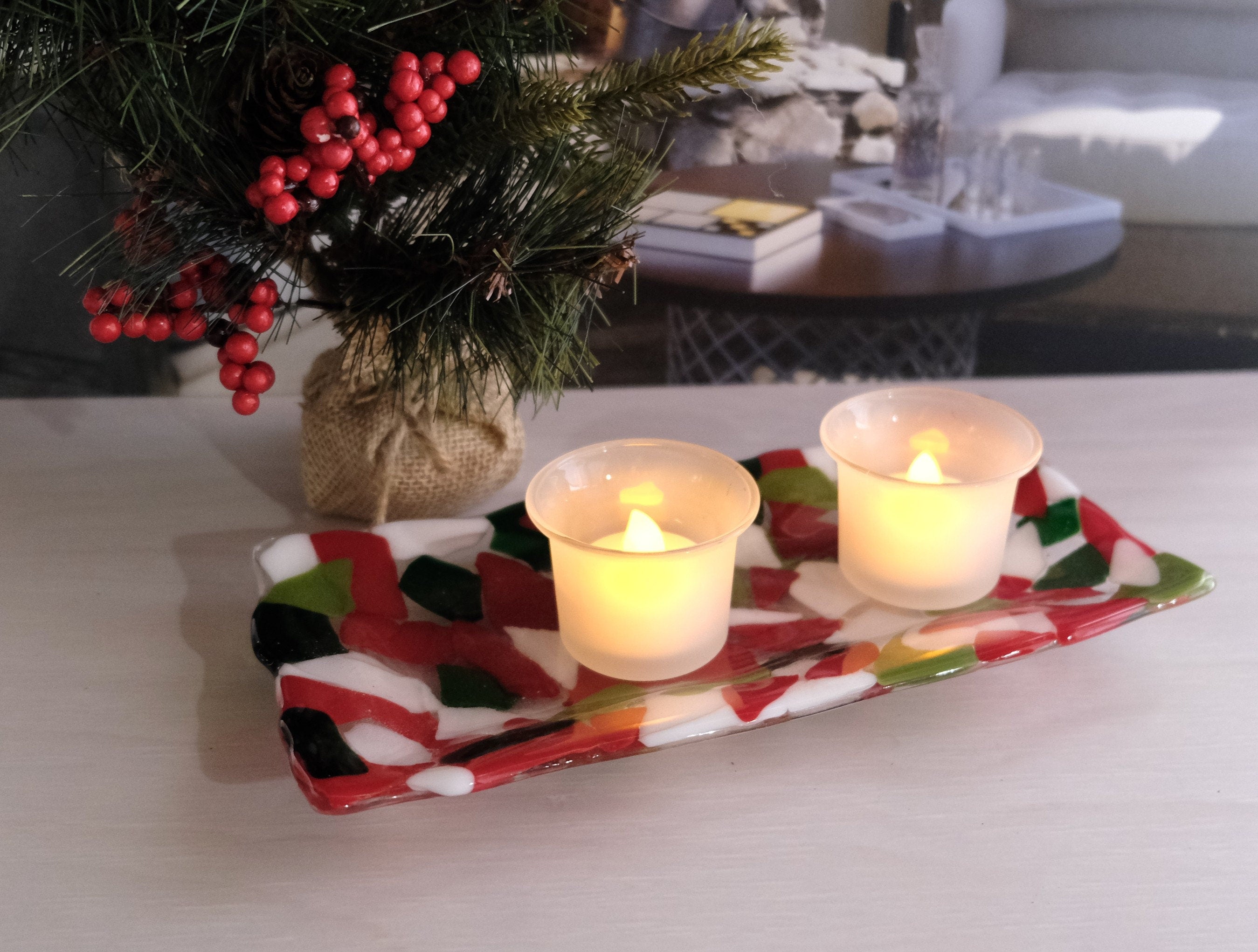 Christmas Green, Red, White and Clear 10x5 inch Fused Glass Platter.