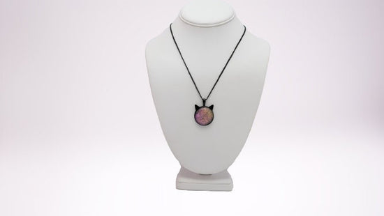 Magical Black Cat Pendant Necklace with pink/green Color-Shifting Dichroic Glass Center Stone on 20 in black chain seeds glassworks seedsglassworks