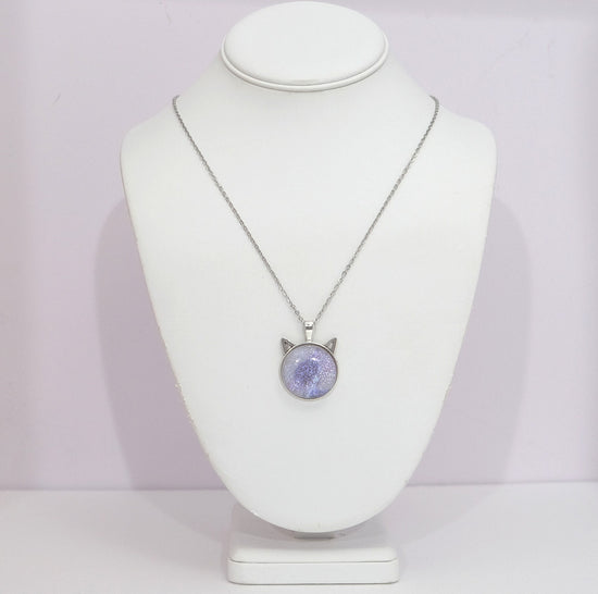 Silver Cat pendant necklace, with pink/purple/white sparkling dichroic fused glass center stone on a 20 inch steel chain seeds glassworks seedsglassworks