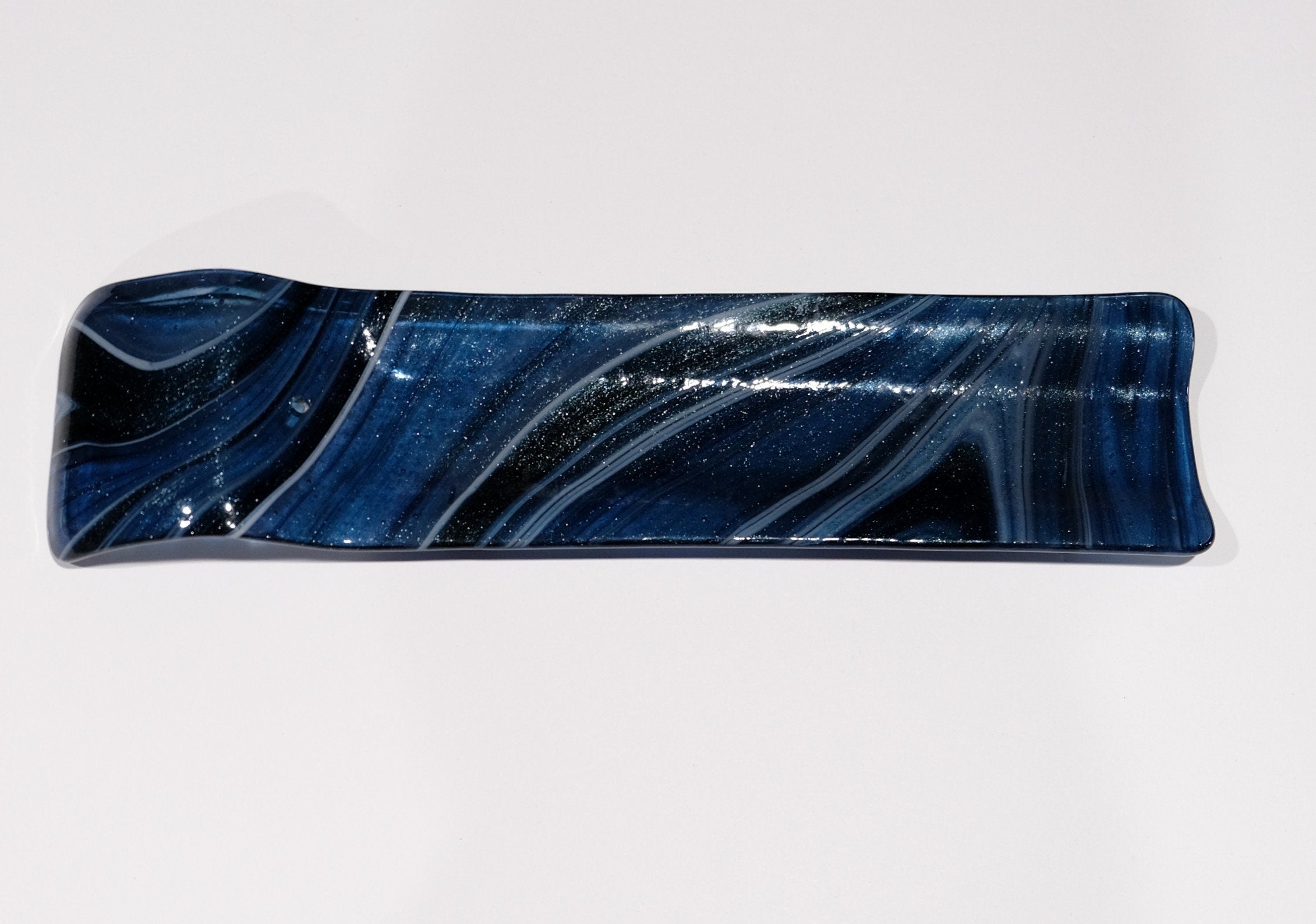 Stick Incense Burner, black and blue aventurine sparkling fused glass 12 x 3 inches