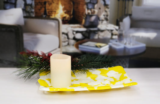 Yellow and White Fused Glass serving Platter dish plate, patchwork pattern, 8 X 5 inches, housewarming gift entertaining seeds glassworks seedsglassworks