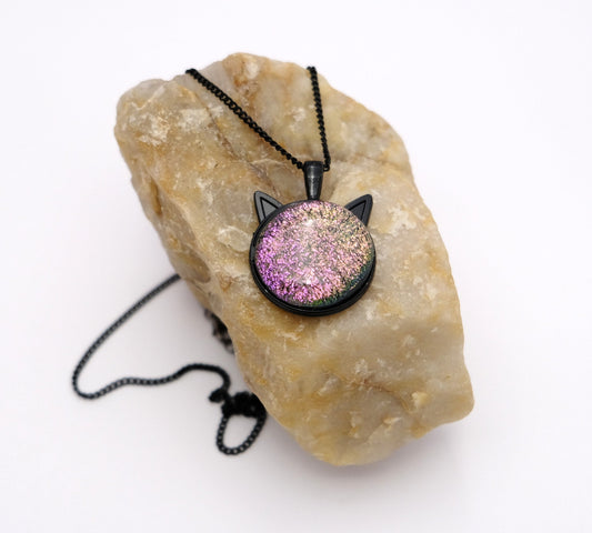 Magical Black Cat Pendant Necklace with pink/green Color-Shifting Dichroic Glass Center Stone on 20 in black chain seeds glassworks seedsglassworks