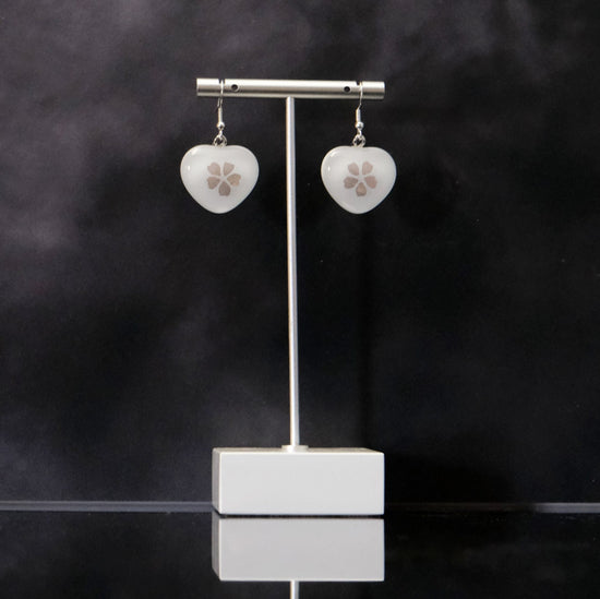 Delicate Heart Shaped Glass Earrings with Gold Flowers | Pierced Silver Ear Wires seeds glassworks seedsglassworks