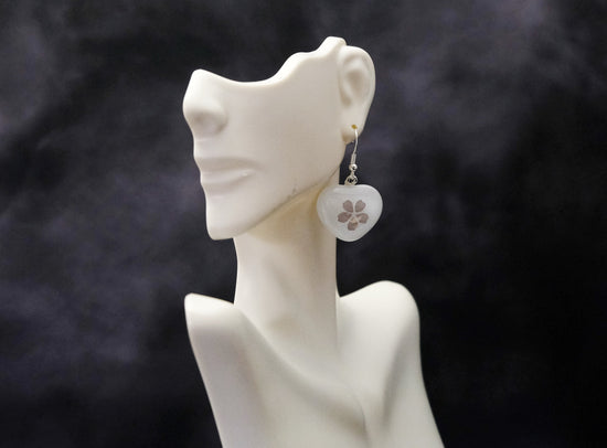 Delicate Heart Shaped Glass Earrings with Gold Flowers | Pierced Silver Ear Wires seeds glassworks seedsglassworks
