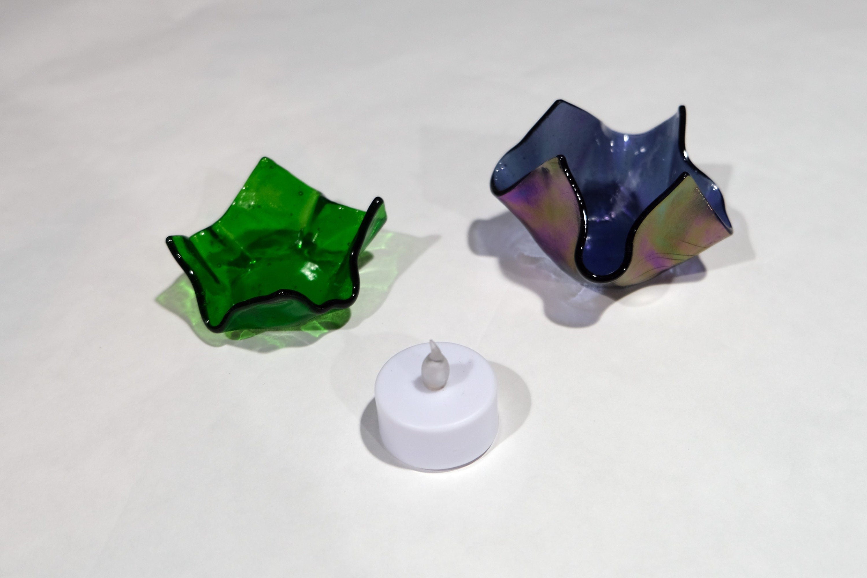 Purple Iridescent Fused Glass Flower look tea light candle holder with battery operated votive candle seeds glassworks seedsglassworks