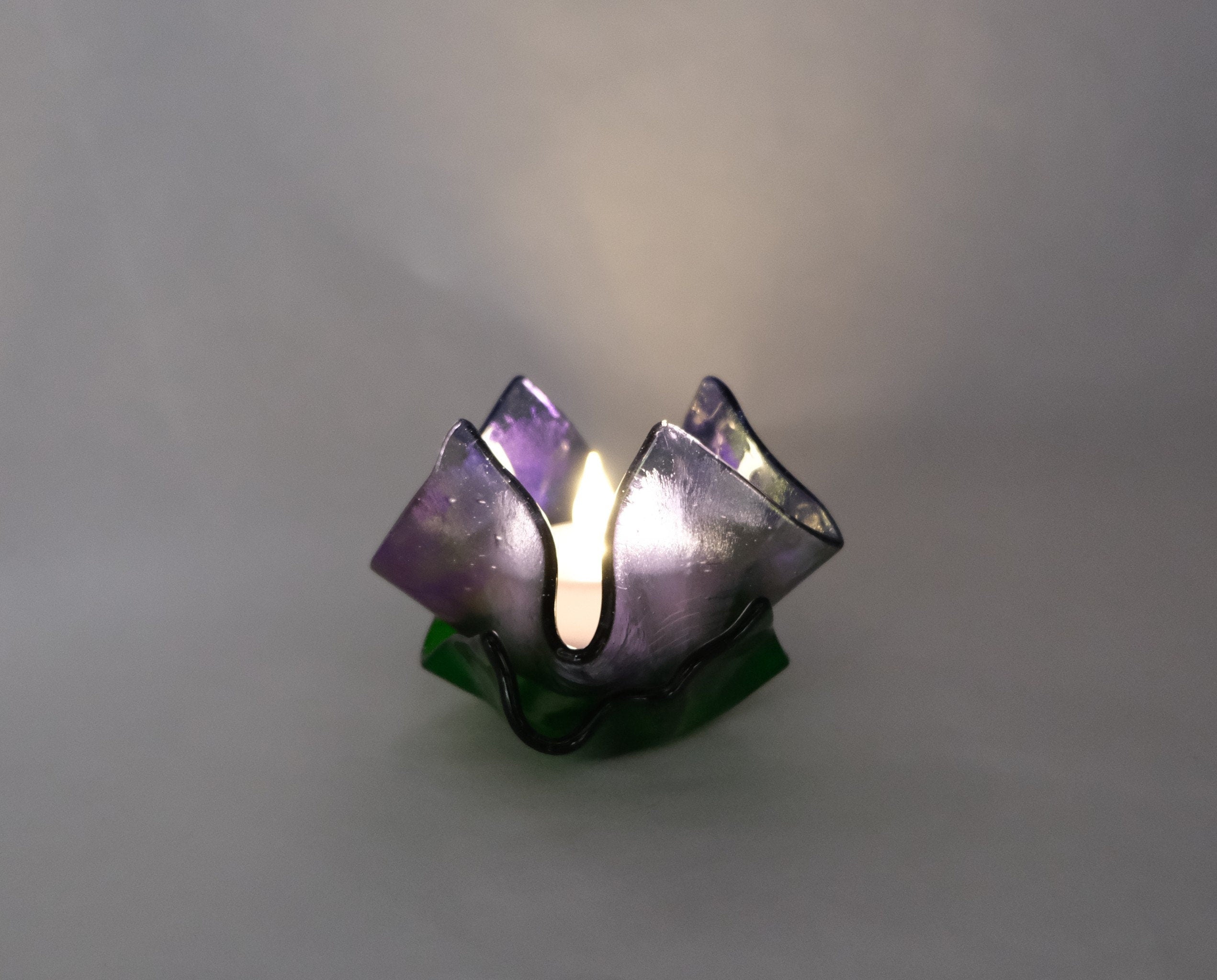 Purple Iridescent Fused Glass Flower look tea light candle holder with battery operated votive candle seeds glassworks seedsglassworks