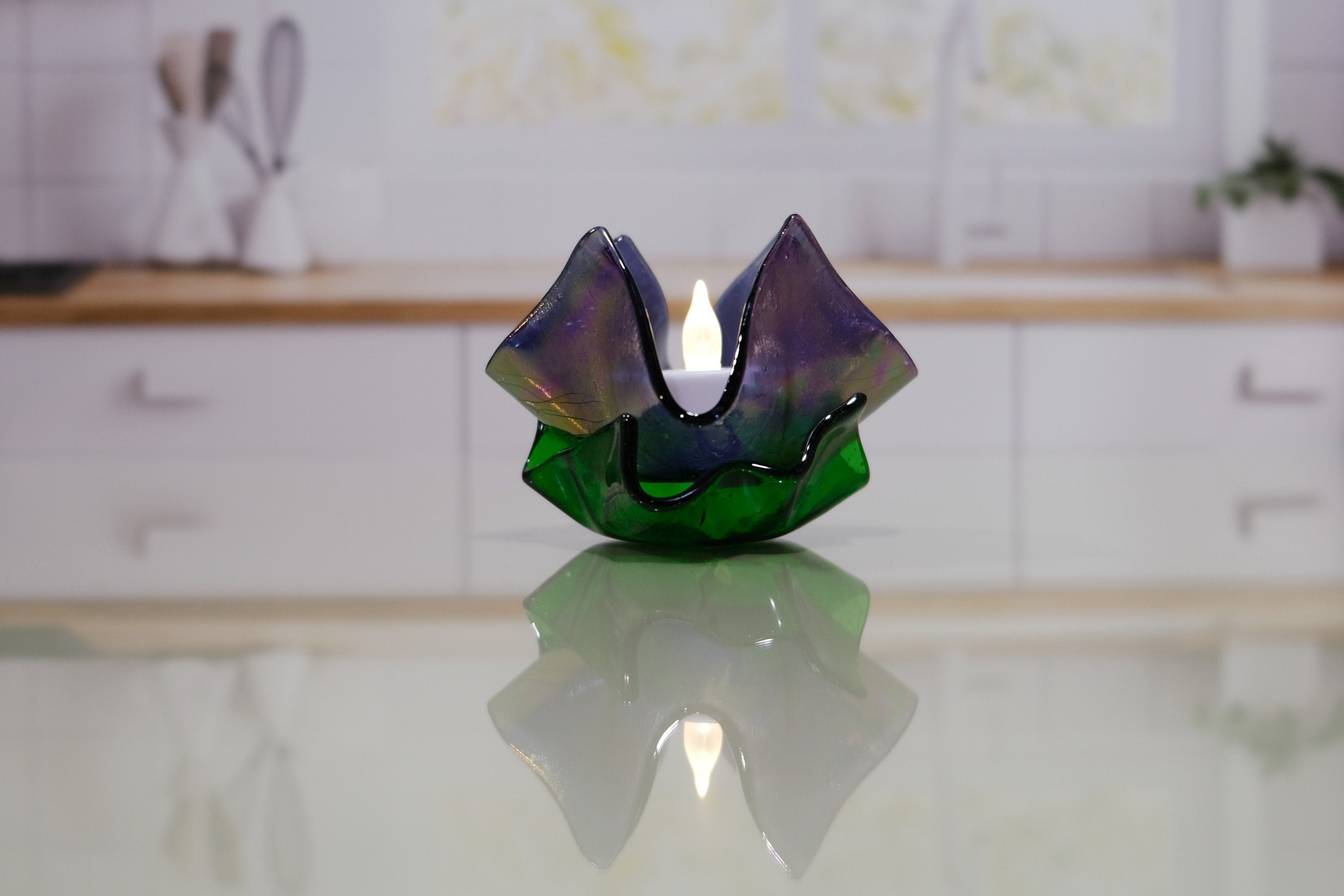Purple Iridescent Fused Glass Flower look tea light candle holder with battery operated votive candle seeds glassworks seedsglassworks