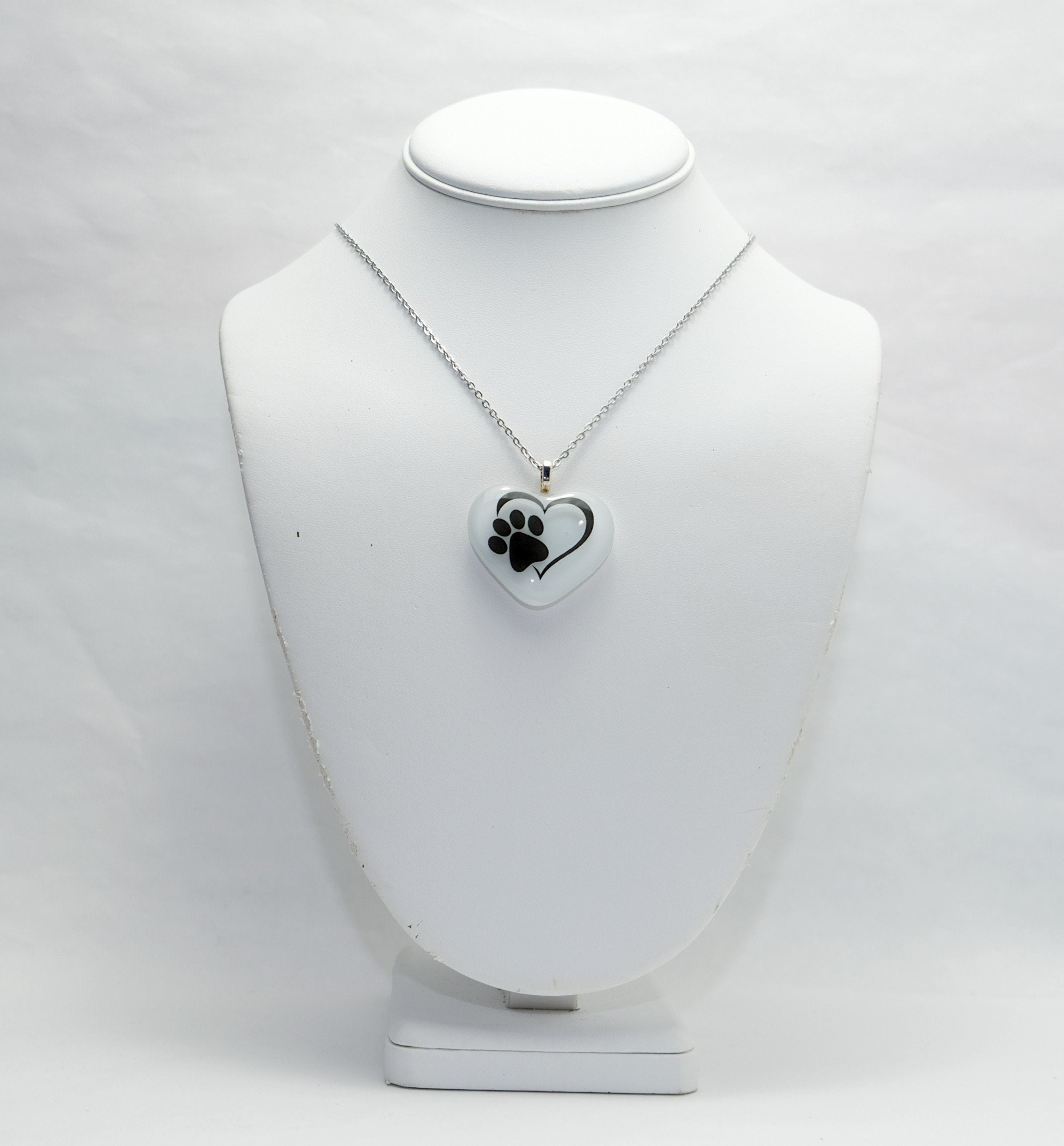 Adorable Animal Paw Print Heart Necklace - White Fused Glass heart on  20 inch steel chain seedsglassworks seeds glassworks