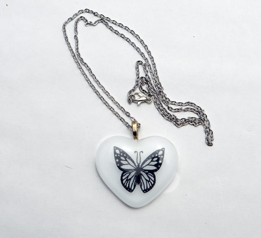White fused glass heart with Black Butterfly on  20 inch steel chain pendant necklace jewelry seeds glassworks seedsglassworks