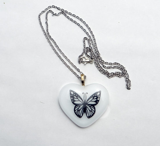 White fused glass heart with Black Butterfly on  20 inch steel chain pendant necklace jewelry seeds glassworks seedsglassworks