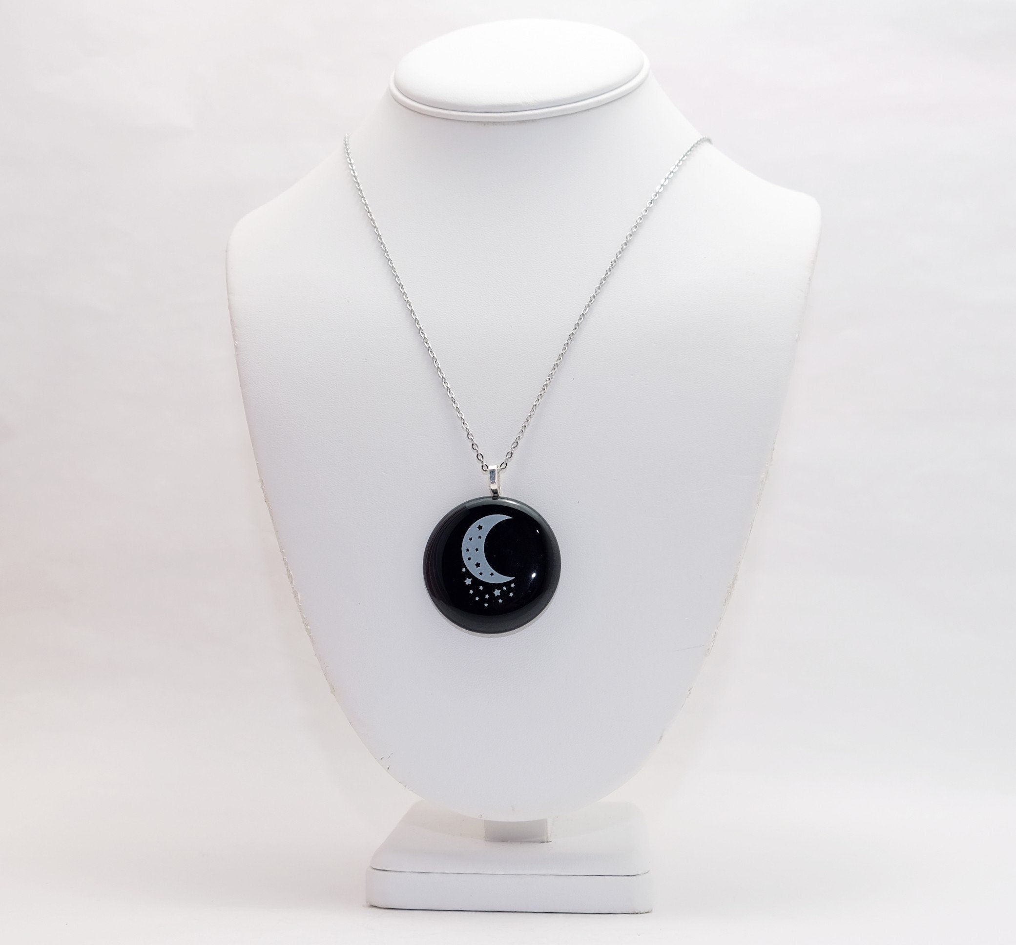 White Stars &  Crescent Moon  black fused glass circle pendant necklace with 20 inch steel chain