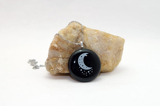 White Stars &  Crescent Moon  black fused glass circle pendant necklace with 20 inch steel chain