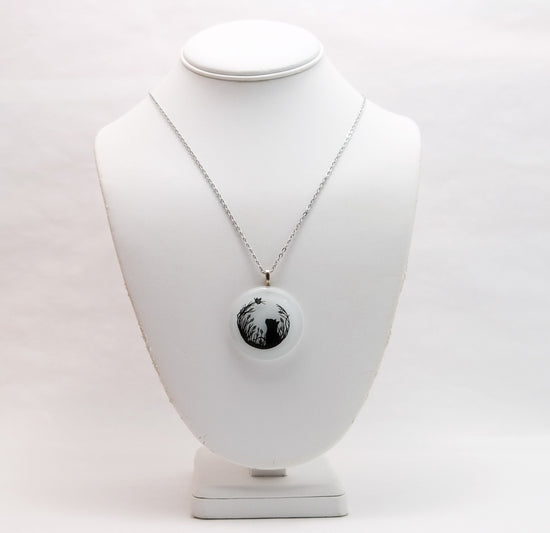 Black Cat and Butterfly on White Circle Fused Glass Pendant on 20 inch steel chain seeds glassworks seedsglassworks