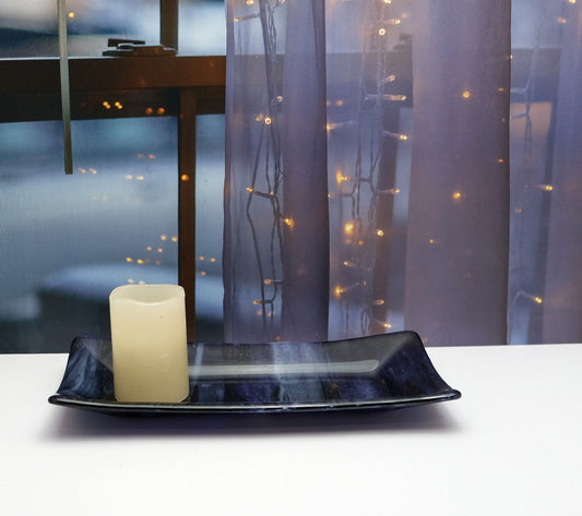 Swirling Wonder: Handcrafted 10 Inch by 5 Inch Purple, Blue and black Fused Glass Serving Plate