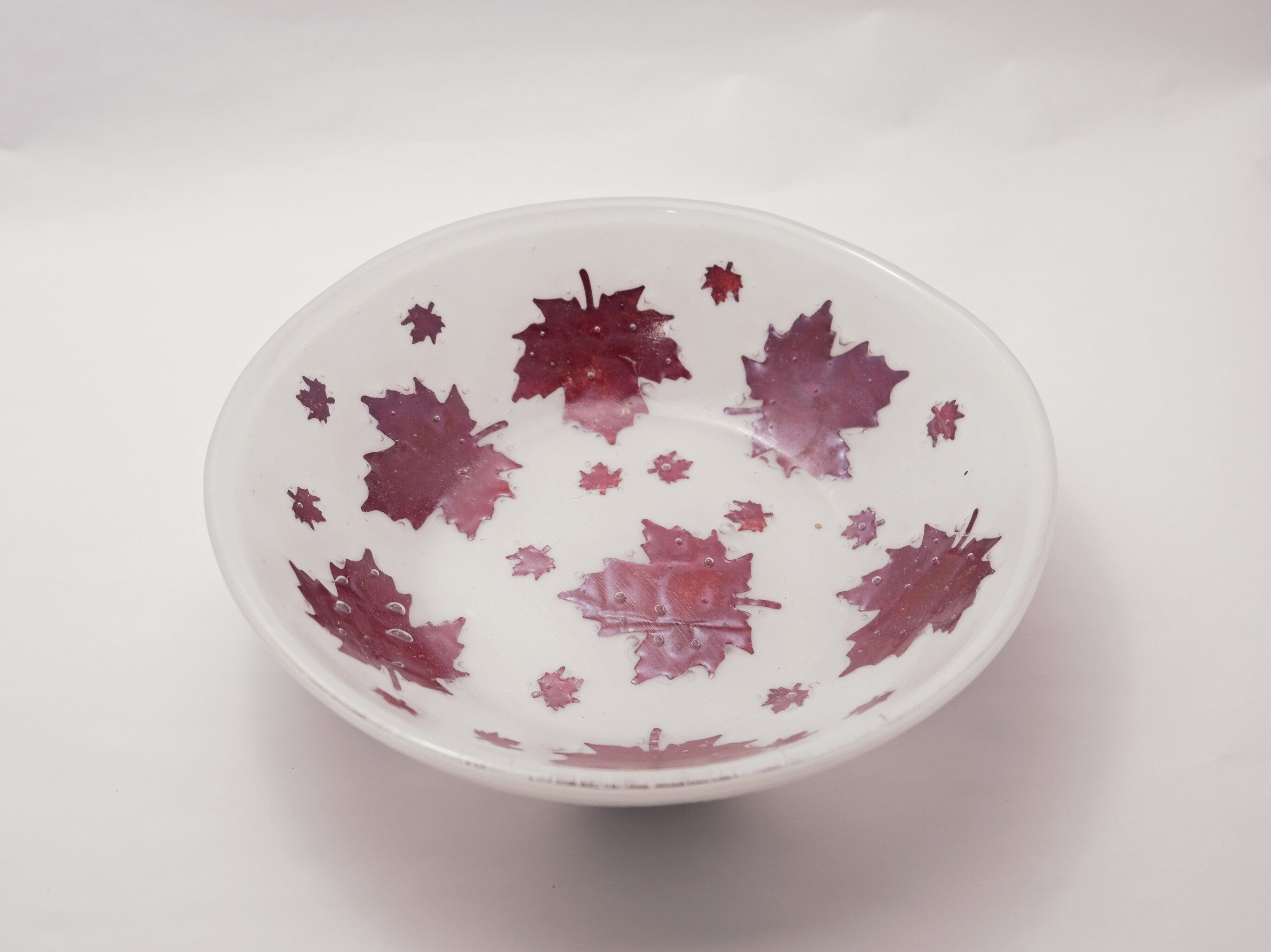 Elegant 8.5 Inch Wide white Fused Glass Bowl with real Copper Leaf Design - Perfect for Fall Decor