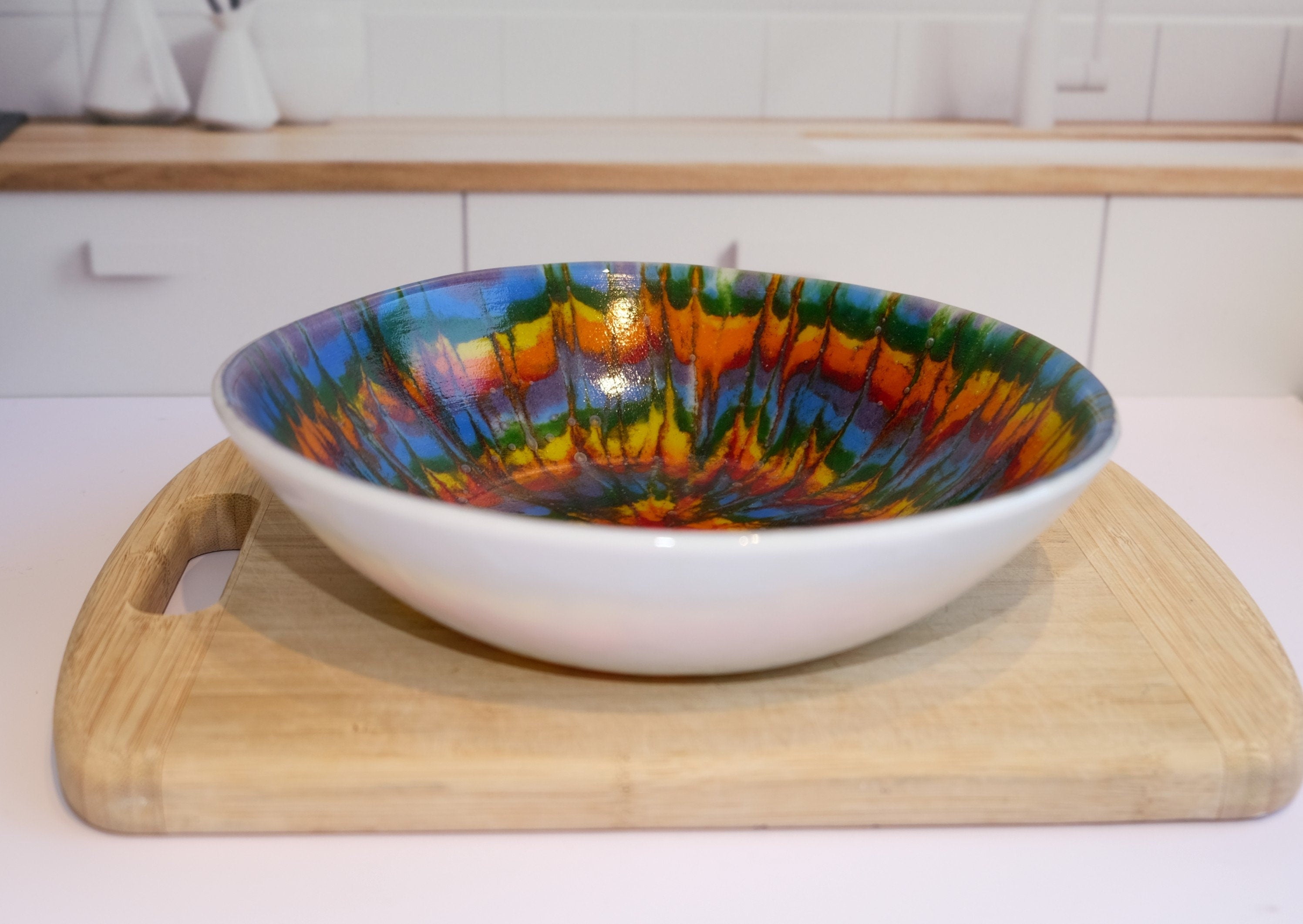 Handcrafted 8.5 Inch Wide Rainbow Tie Dye-Look White Fused Glass Bowl - Unique and Colorful Dish