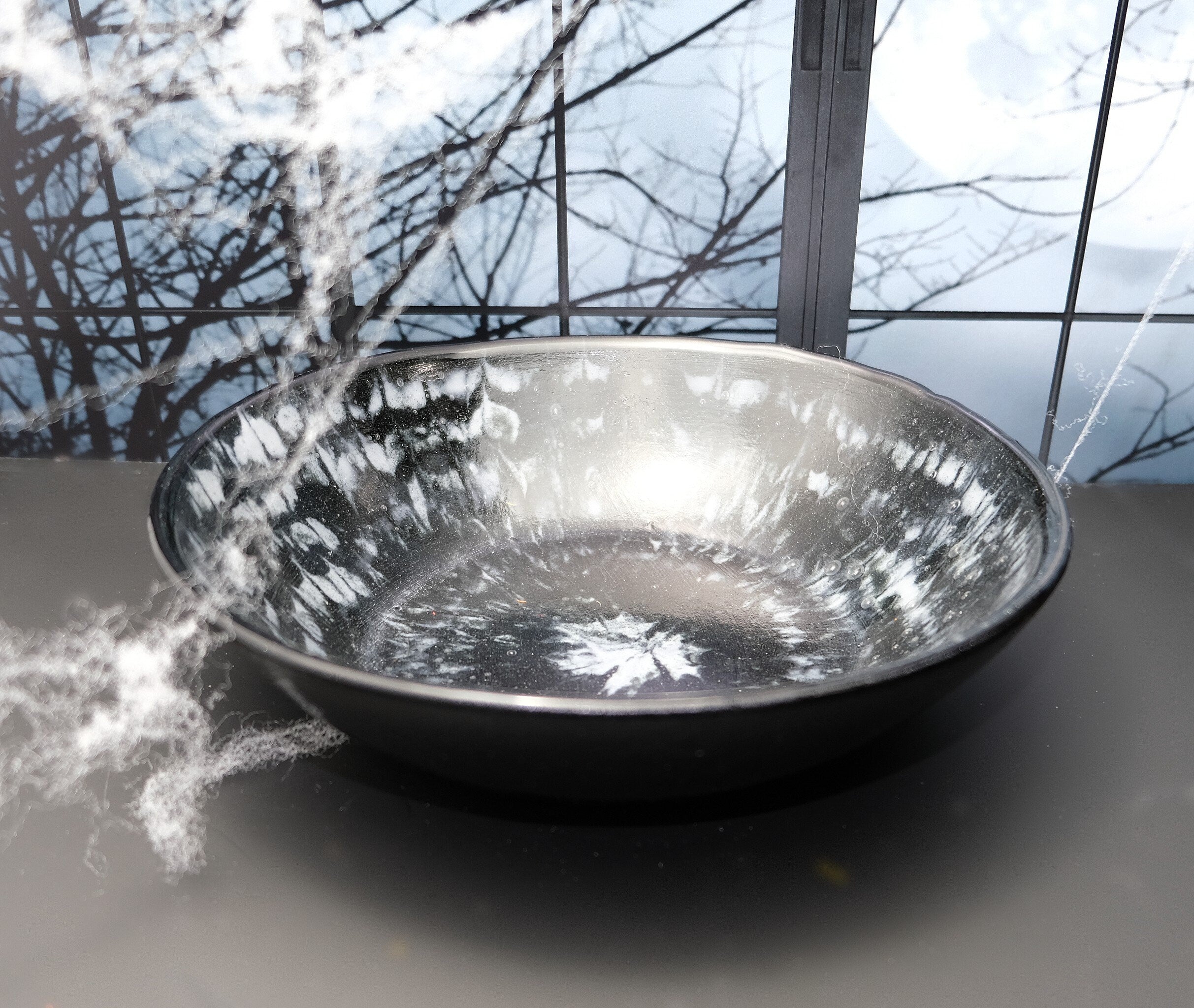 Modern Fusion: 8.5 inch Wide Black and White Tie Dye Look Glass Bowl - Artistic Home Accent