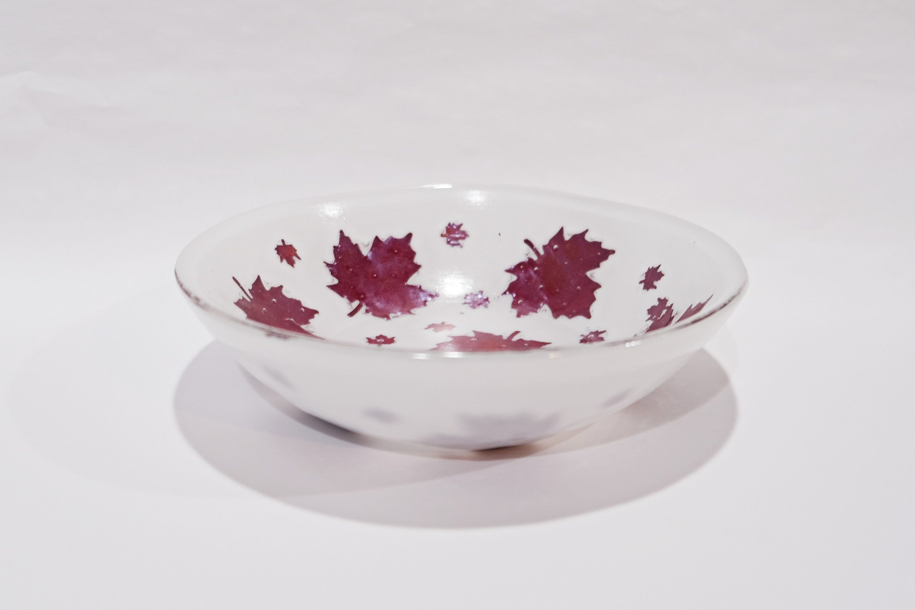 Elegant 8.5 Inch Wide white Fused Glass Bowl with real Copper Leaf Design - Perfect for Fall Decor