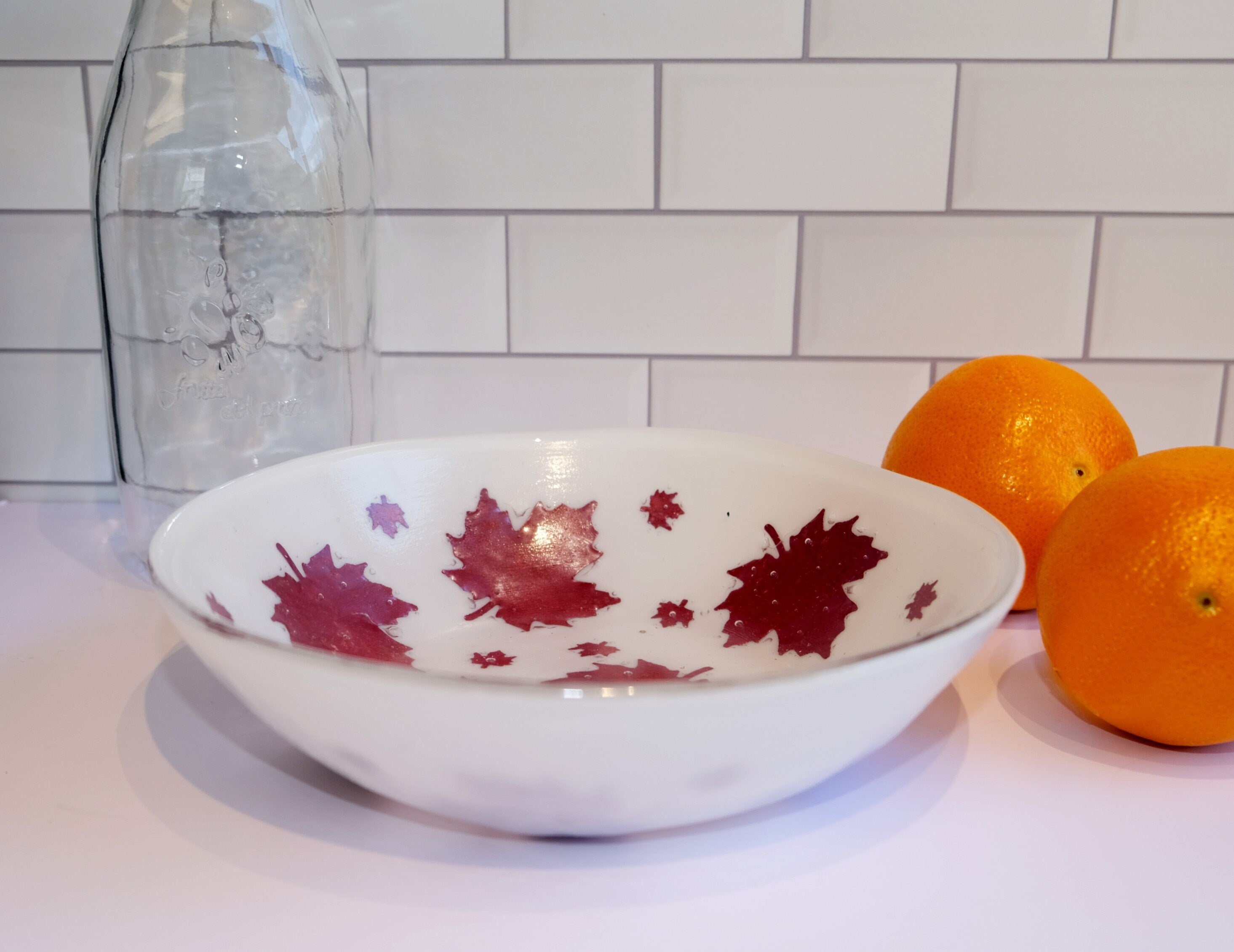Elegant 8.5 Inch Wide white Fused Glass Bowl with real Copper Leaf Design - Perfect for Fall Decor