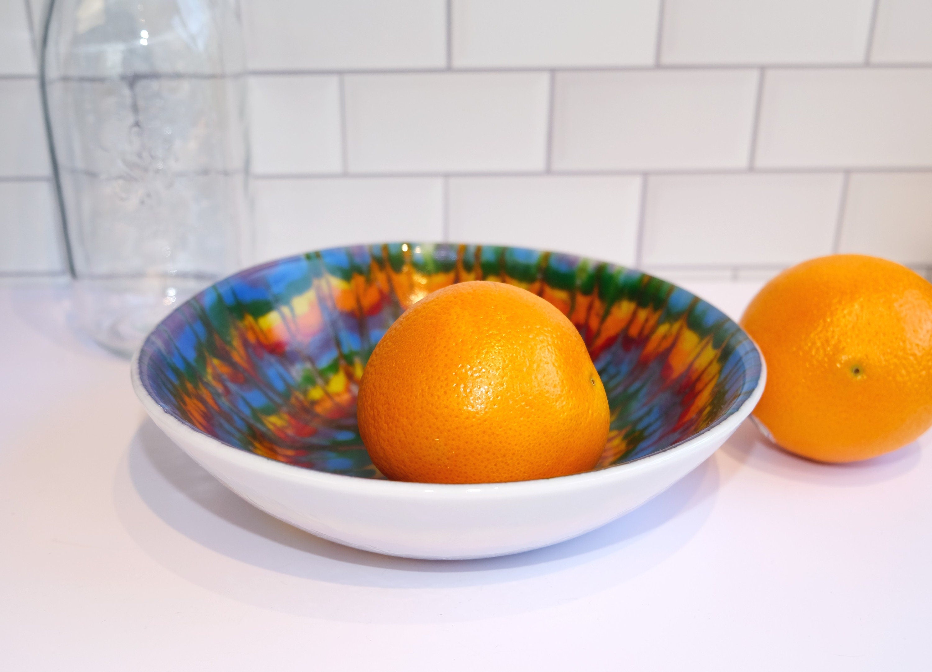Handcrafted 8.5 Inch Wide Rainbow Tie Dye-Look White Fused Glass Bowl - Unique and Colorful Dish