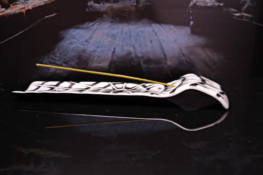 Black and White, Spooky and Whimsical Spider Web Tie Dye Incense Burner with Spiders - Handmade Fused Glass, 3x12 Inch