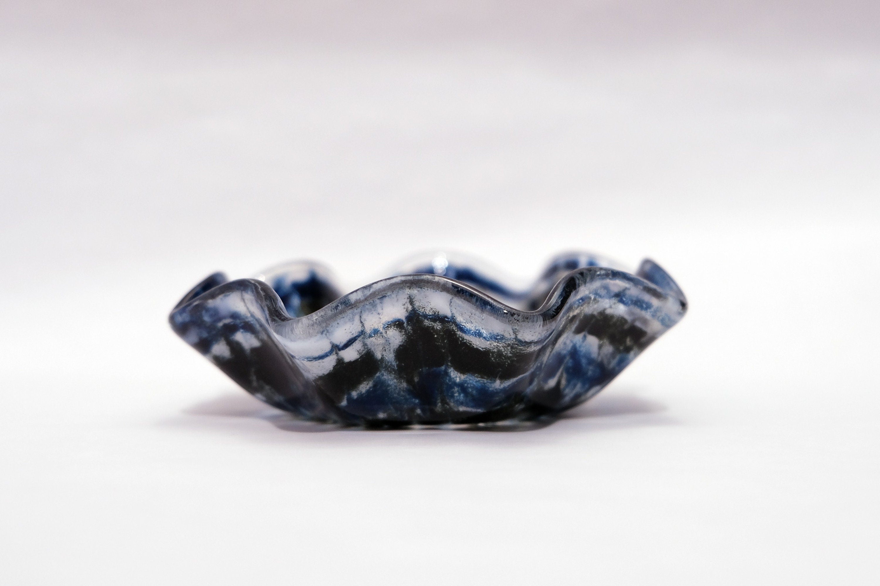 Blue, Black, White Tie Dye look ruffle edge 5 inch fused glass bowl