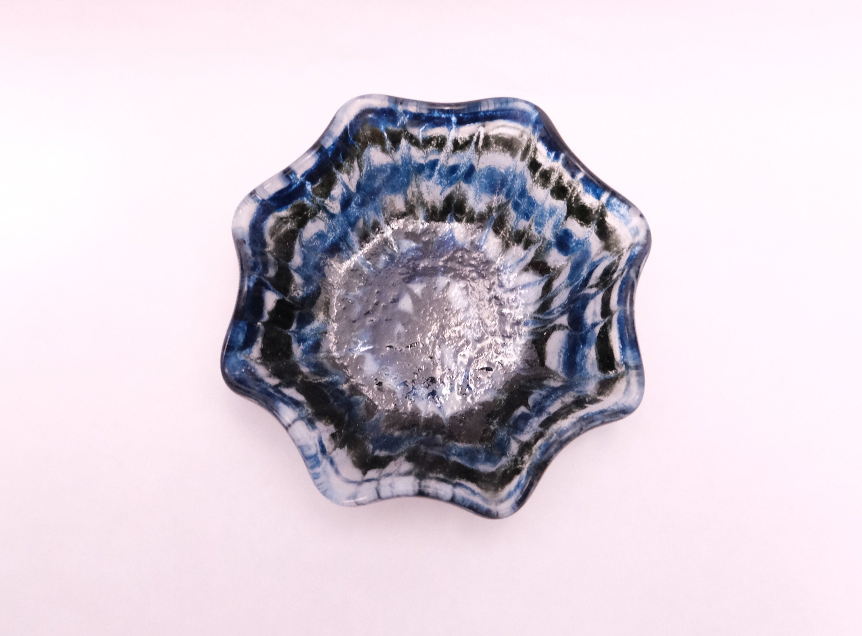 Blue, Black, White Tie Dye look ruffle edge 5 inch fused glass bowl