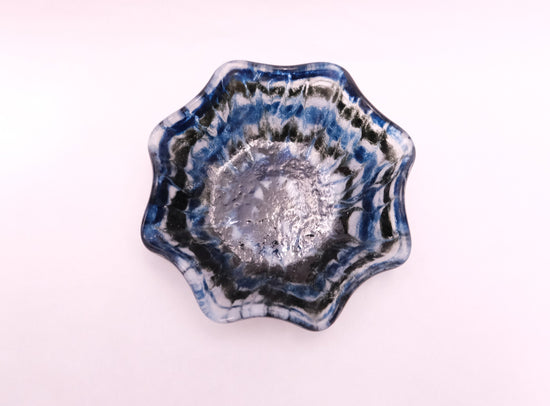 Blue, Black, White Tie Dye look ruffle edge 5 inch fused glass bowl