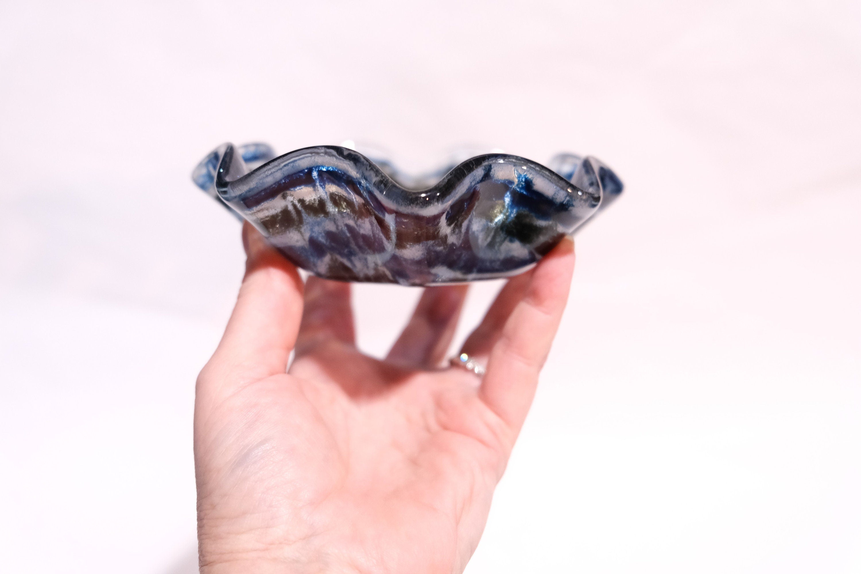 Blue, Black, White Tie Dye look ruffle edge 5 inch fused glass bowl