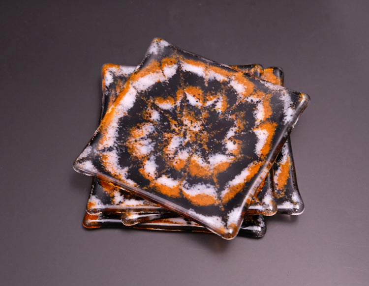 Black, Orange and white Tie Dye Look Fused Glass Drink Coasters with a Spooky Halloween Vibe, set of 4 seeds glassworks seedsglassworks