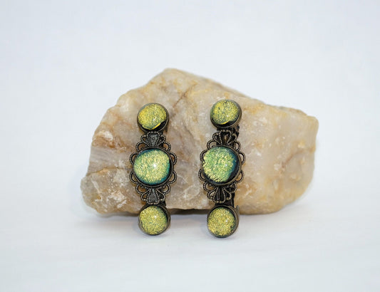 Barrette pair, bronze flowers with yellow/green dichroic fused glass cabochons, french clip, 2 1/4 inches