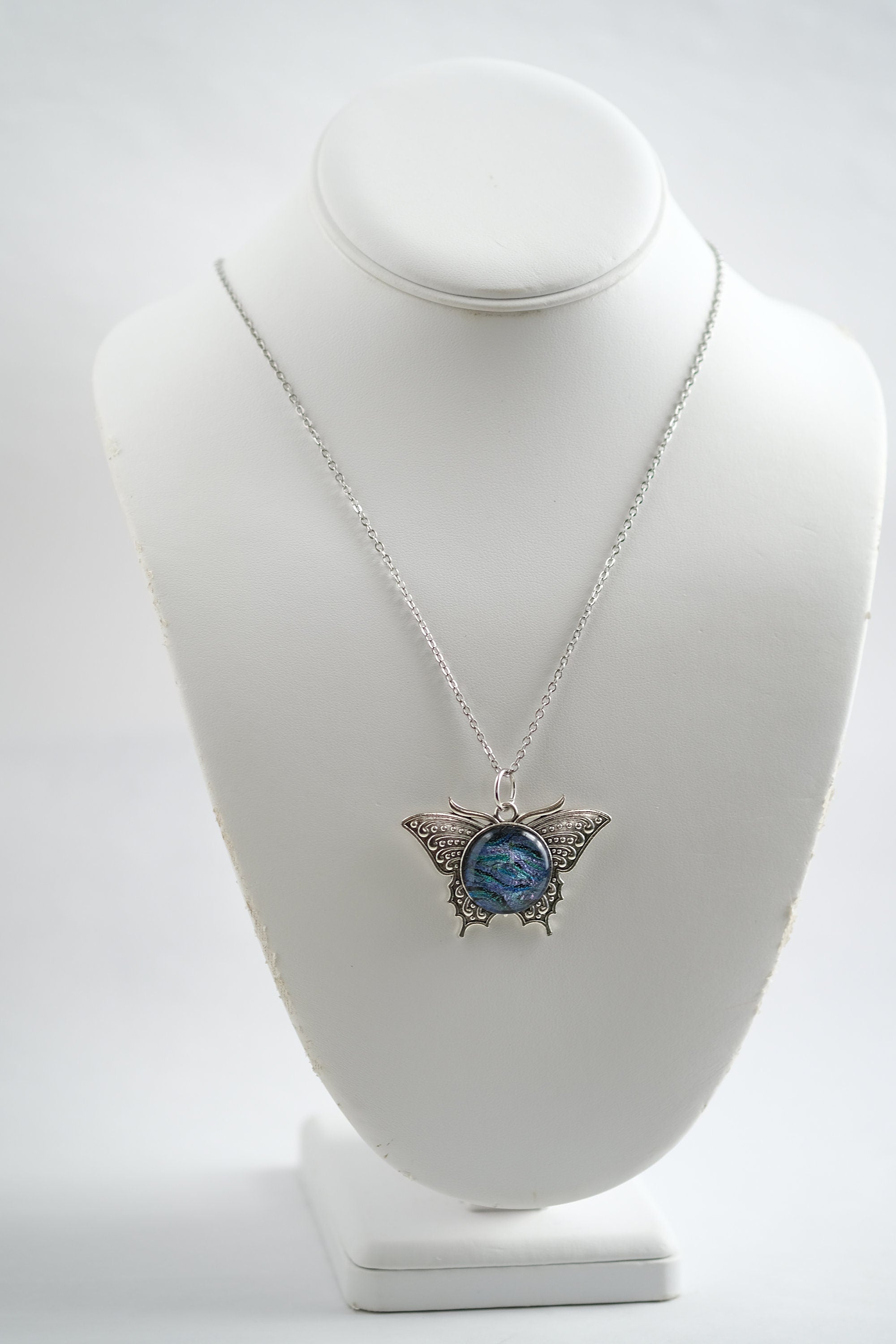Elegant Butterfly Necklace Silver Tone Pendant with Blue/Multicolor Fused Glass Center-Handcrafted Statement Piece on 20in silver tone chain seeds glassworks seedsglassworks