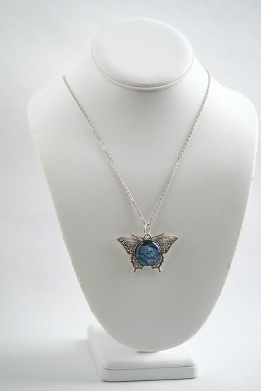 Elegant Butterfly Necklace Silver Tone Pendant with Blue/Multicolor Fused Glass Center-Handcrafted Statement Piece on 20in silver tone chain seeds glassworks seedsglassworks