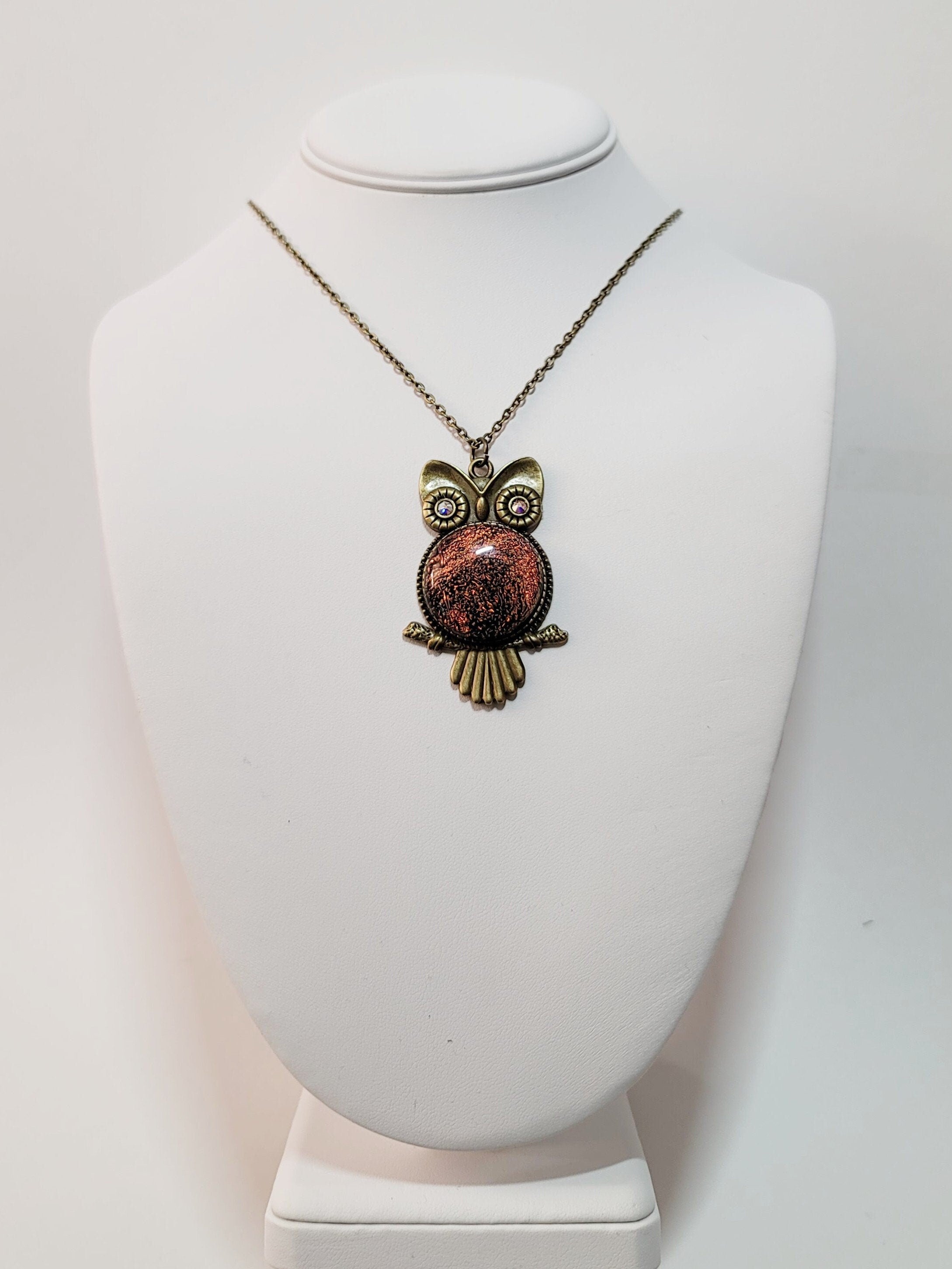 Bronze Owl Pendant Necklace with Stunning Orange Lace Dichroic Fused Glass Center Stone - 20 inch Chain
