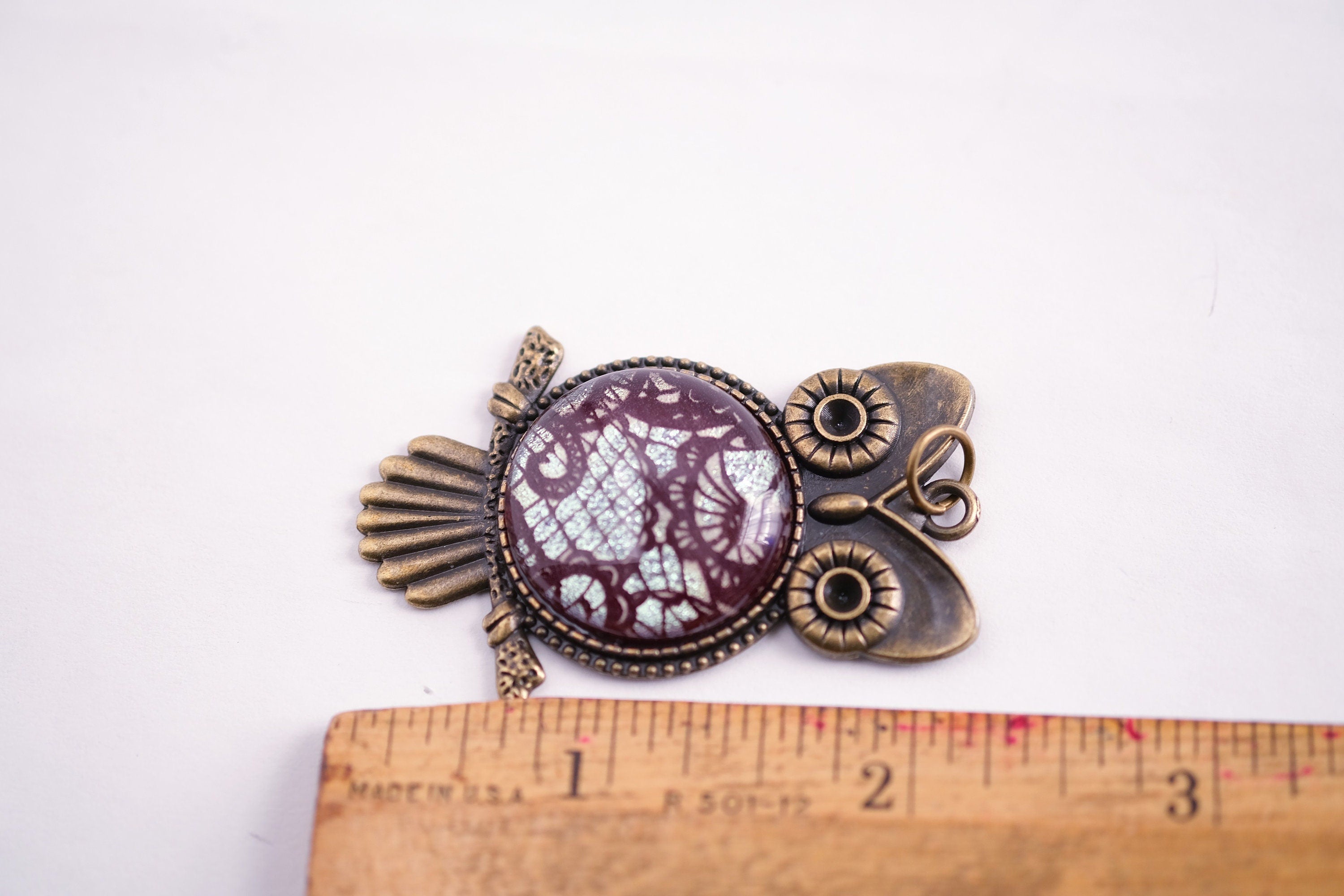Bronze Owl Pendant Necklace with Stunning Red Lace Dichroic Fused Glass Center Stone - 20 inch Chain