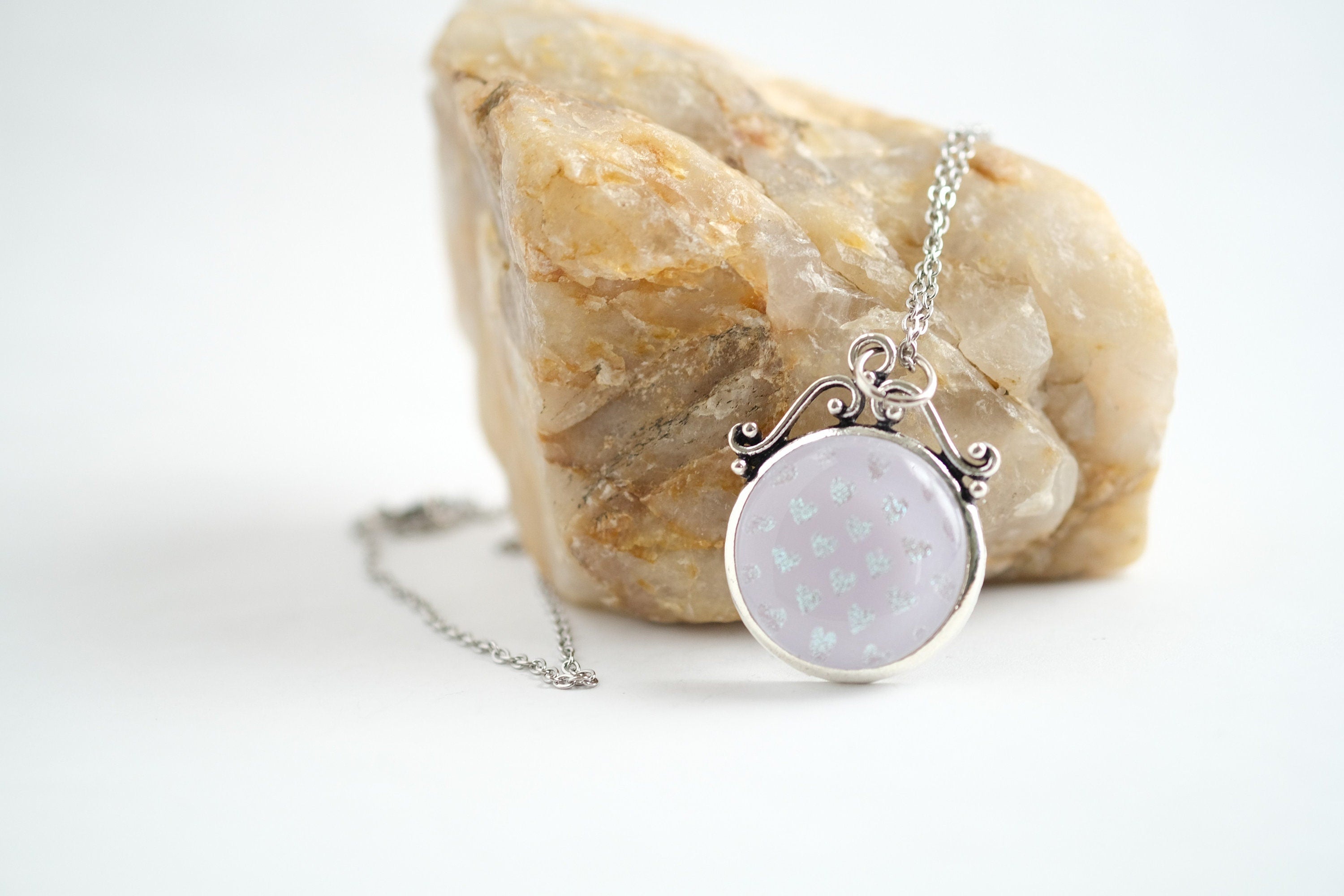 pendant necklace with Pink Fused Glass and dichroic hearts pattern cabochon on 24 inch steel chain jewelry. seeds glassworks seedsglassworks
